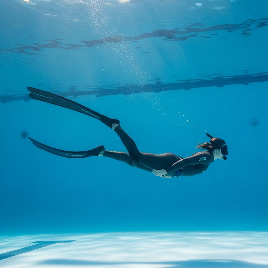 A high-quality, clear underwater shot of a woman free-diving in a pristine swimming pool. She is wearing a dark, sleek wetsuit, long carbon fins, and a low-volume mask. Her body is streamlined, gliding effortlessly through the blue water, with subtle light rays filtering from above. The focus is on her elegant posture and the serene blue of the pool environment, capturing both the challenge and the peace of freediving. A high-quality, clear underwater shot of a woman free-diving in a pristine swimming pool. She is wearing a dark, sleek wetsuit, long carbon fins, and a low-volume mask. Her body is streamlined, gliding effortlessly through the blue water, with subtle light rays filtering from above. The focus is on her elegant posture and the serene blue of the pool environment, capturing both the challenge and the peace of freediving.