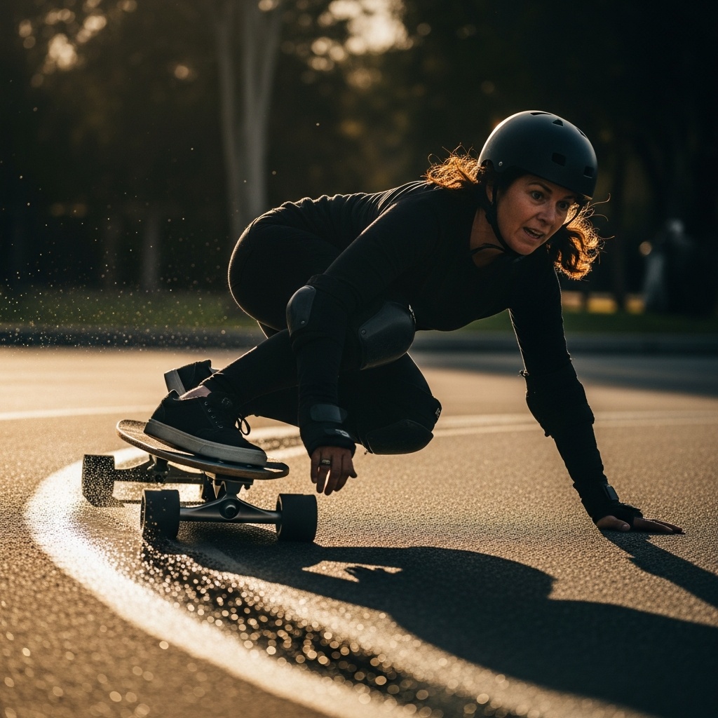 50대 여성이 겨울 바닷가 대신 스케이트보드(카버보드)를 타며 깊은 턴을 연습하는 모습. 역동적이며 훈련에 집중하는 표정. 50대 여성이 겨울 바닷가 대신 스케이트보드(카버보드)를 타며 깊은 턴을 연습하는 모습. 역동적이며 훈련에 집중하는 표정.